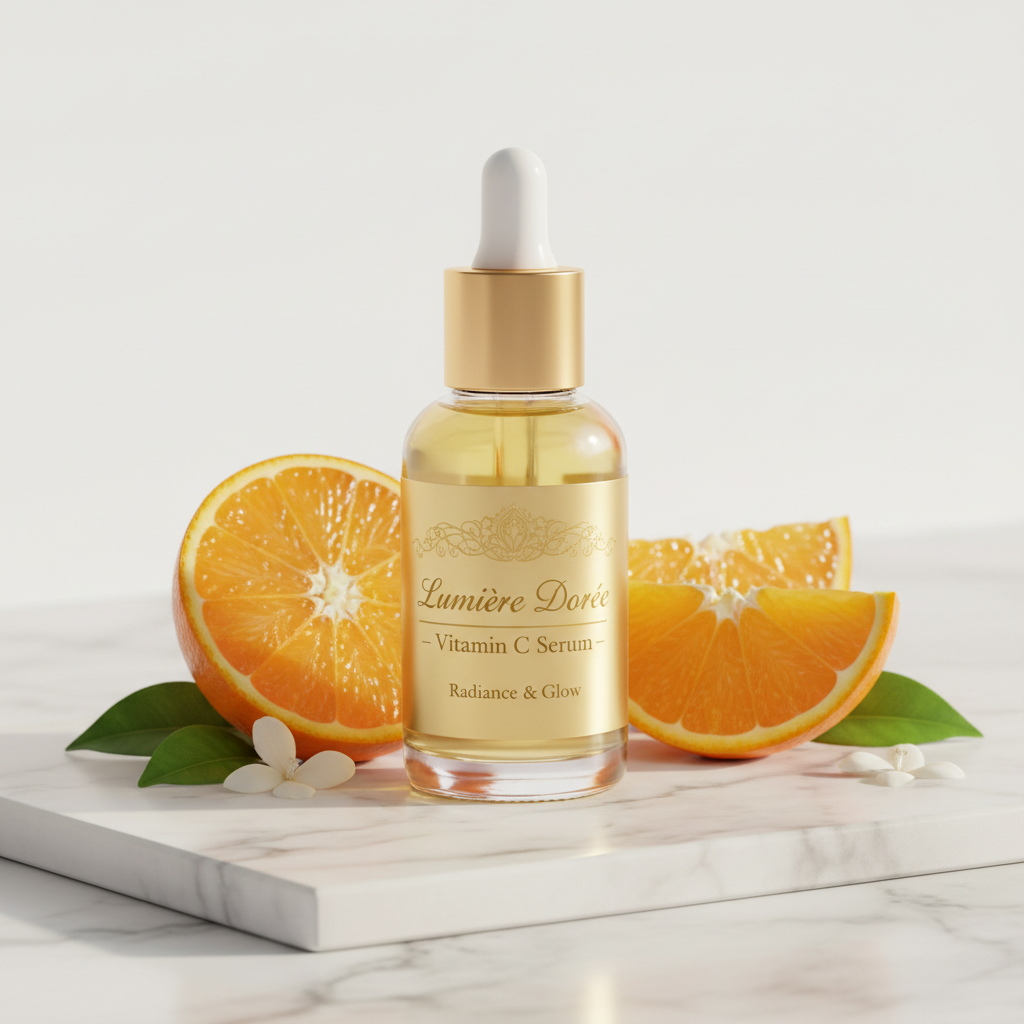 LumSkinn Vitamin C Radiance Serum in amber glass dropper bottle on marble surface