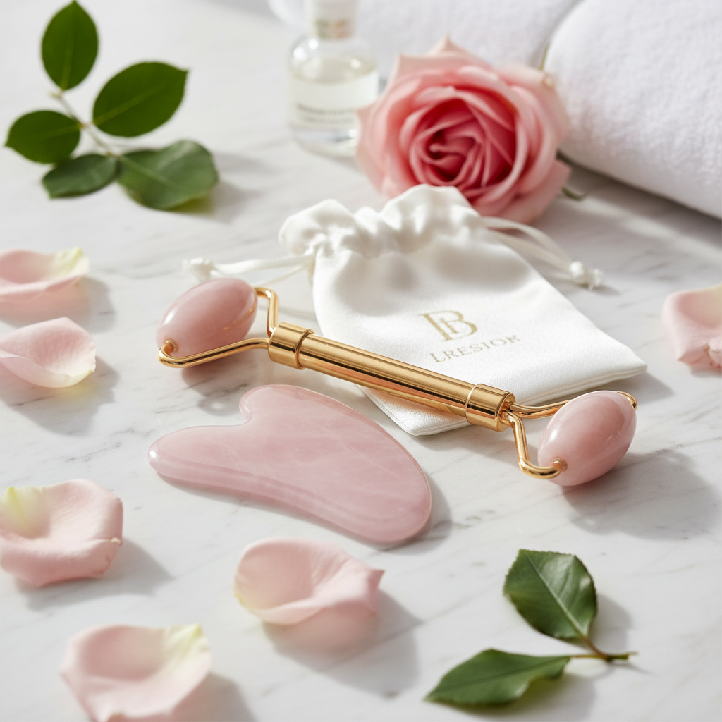 LumSkinn Rose Quartz Gua Sha and Jade Roller Set with gold accents on marble