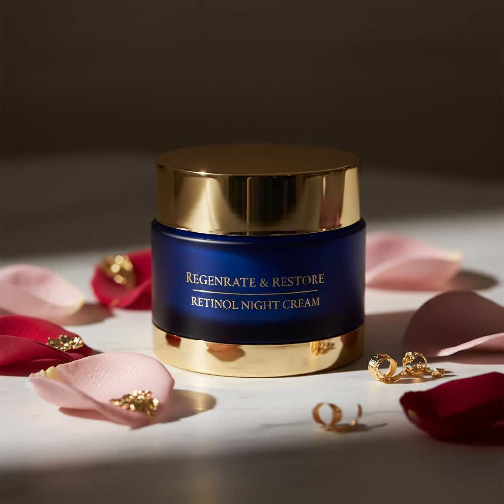 LumSkinn Retinol Renewal Night Cream in dark navy and gold glass jar