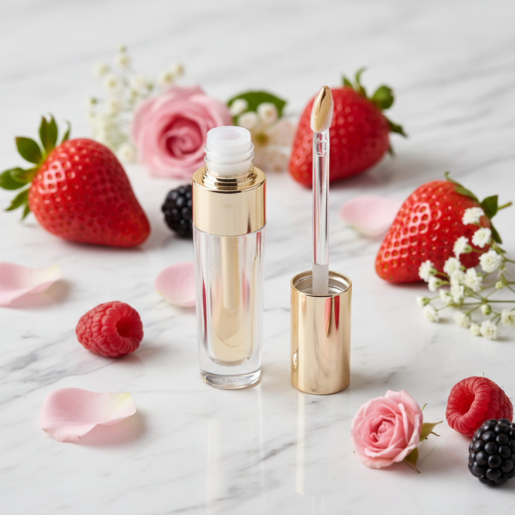 LumSkinn Plumping Lip Serum in gold and clear glass tube with gold applicator